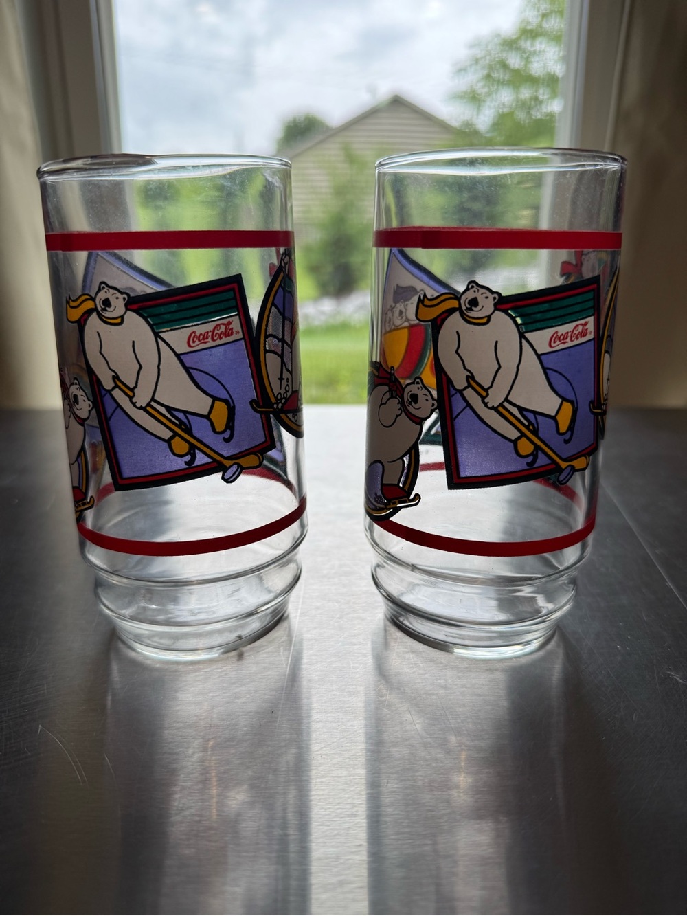 Vintage 1995 Coca-Cola Polar Bear Winter Sports Drinking Glasses Set of Two